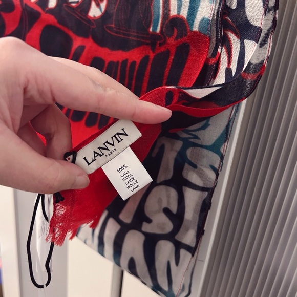NWT Lanvin 100% Wool Logo Print Scarf Palm Trees Tropical Blue Red - Picture 6 of 12
